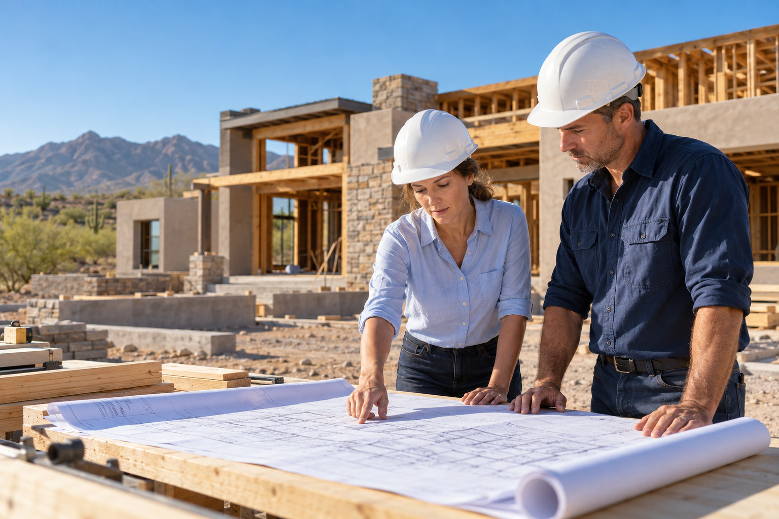 Residential builders reviewing plans at an Arizona construction site