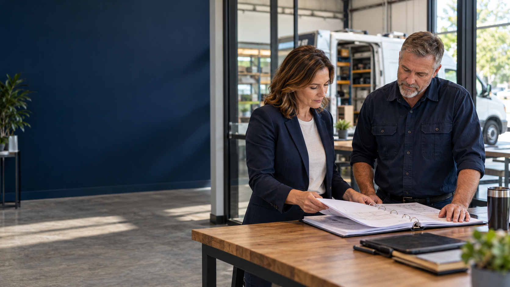 Business operators reviewing work plans in a service company office