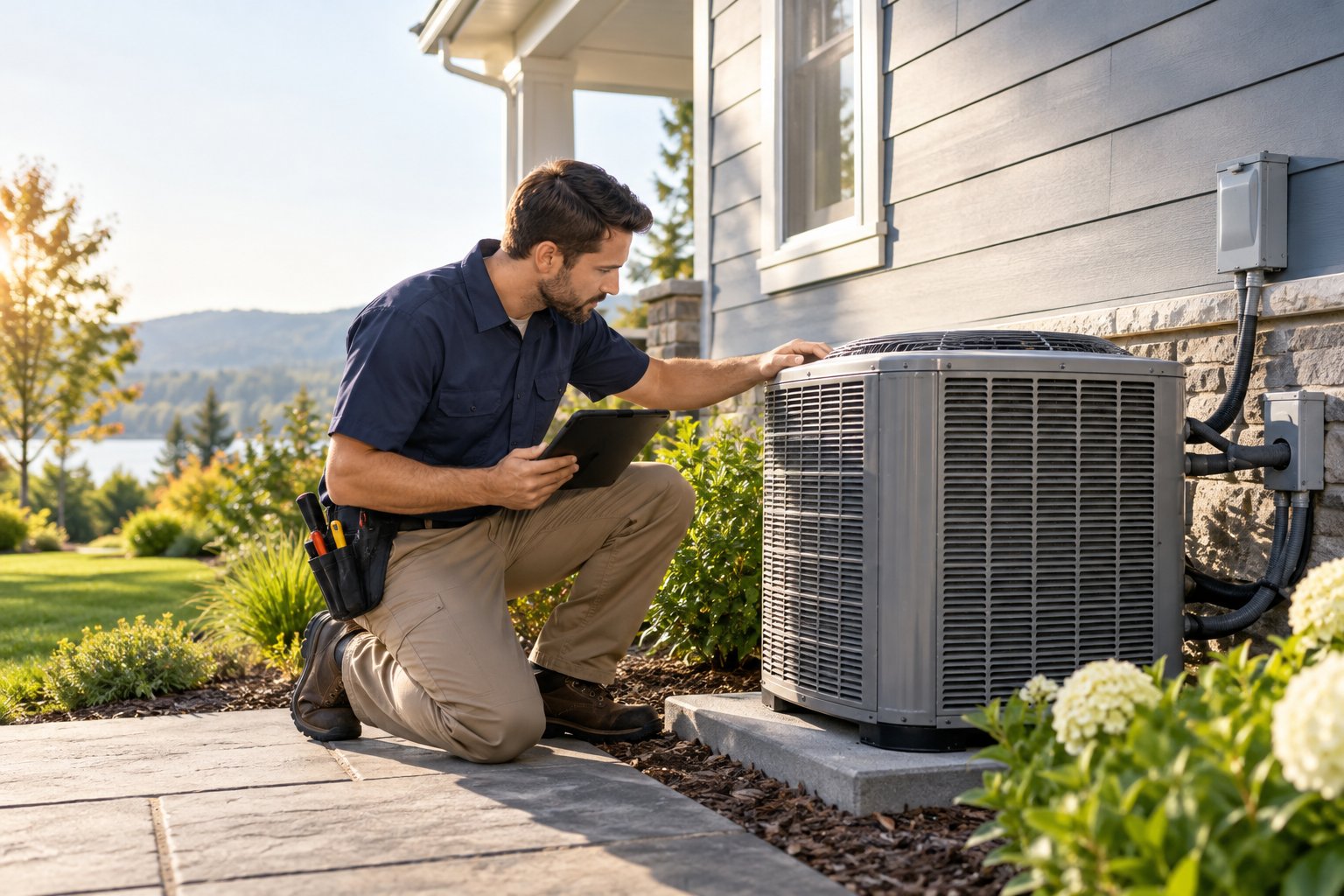 HVAC technician inspecting a residential air conditioning system
